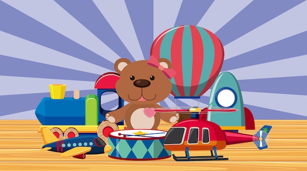 Many toys on wooden floor