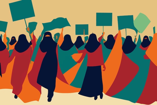 Vector many women wearing hijabs at a protest in iran