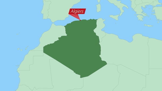 Mappa dell'algeria con perno della capitale del paese