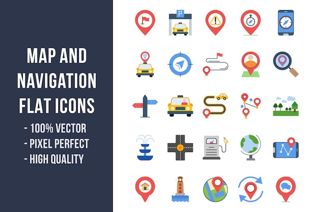 ベクトル 地図とナビゲーションのフラット多色アイコン