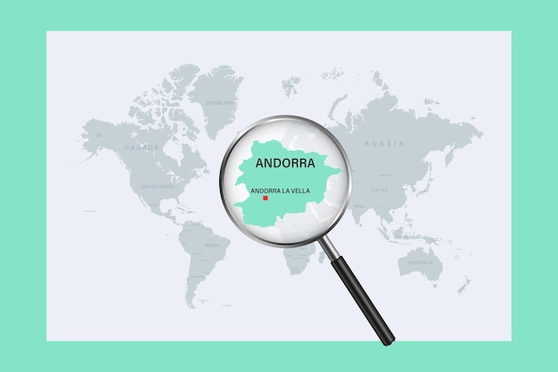 Map of Andorra on political world map with magnifying glass. Highly detailed map with borders and countries.