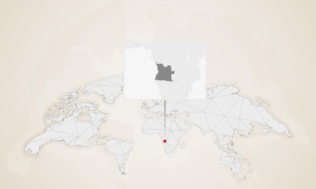 世界地図にピン留めされた近隣諸国とアンゴラの地図