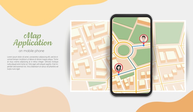 Map application on mobile phone with city direction street view and map pointers