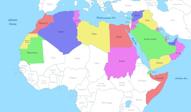 Map of arab world with borders of the states