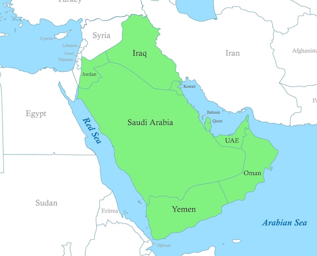 州の国境を持つアラビア半島の地図
