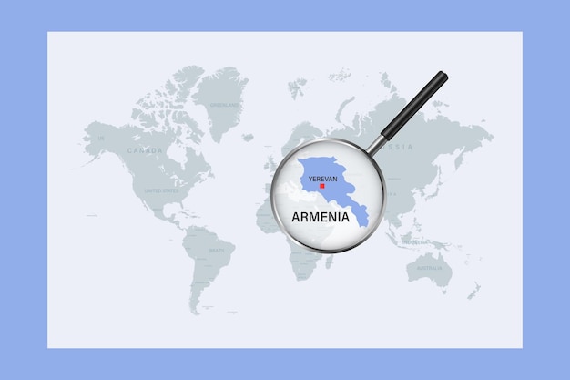 Map of Armenia on political world map with magnifying glass. Highly detailed map with borders and countries.