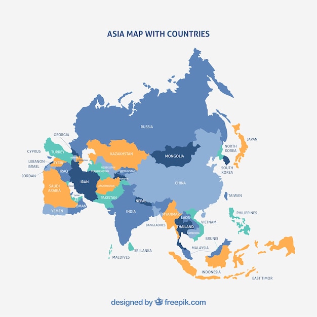 異なる色のアジア大陸の地図