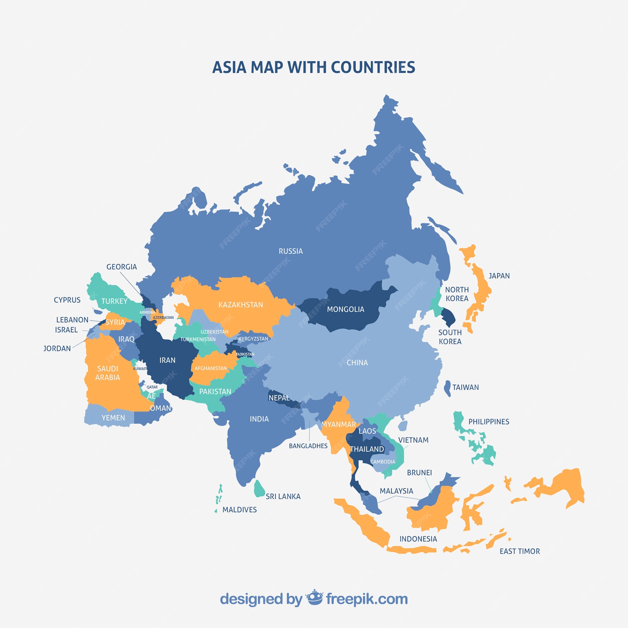 Asia Continent Map With Countries Premium Vector | Map Of Asia Continent With Different Colors