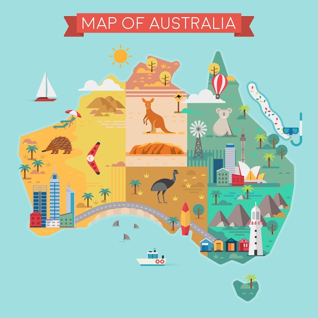 オーストラリアの地図。カラフルなランドマーク。ベクトルイラスト