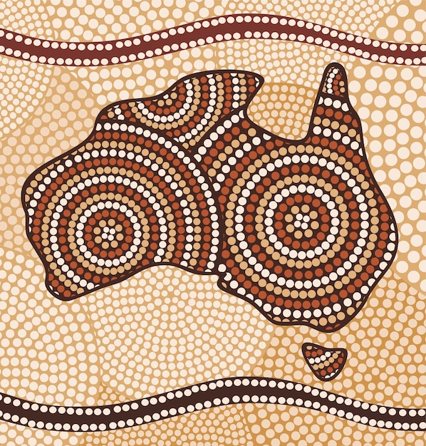 Map of Australia drawn in the Aboriginal abstract style