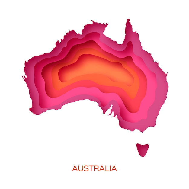 Mappa dell'australia in stile artistico tagliato su carta vettore del mondo a strati rosa arancione