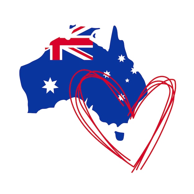 Vettore mappa dell'australia con bandiera e cuore. illustrazione vettoriale