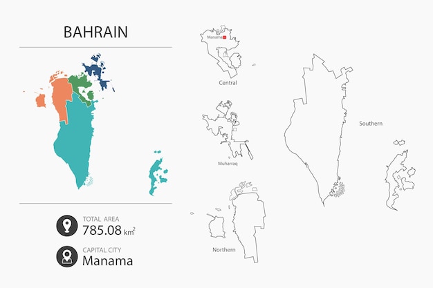 Map of Bahrain with detailed country map Map elements of cities total areas and capital