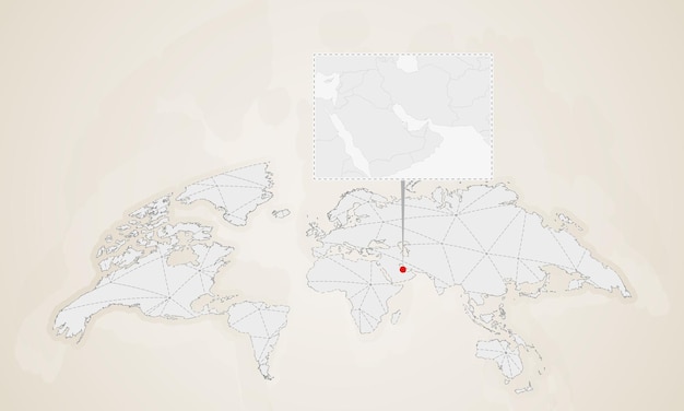 世界地図にピン留めされた近隣諸国とバーレーンの地図