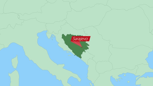 Map of bosnia and herzegovina with pin of country capital