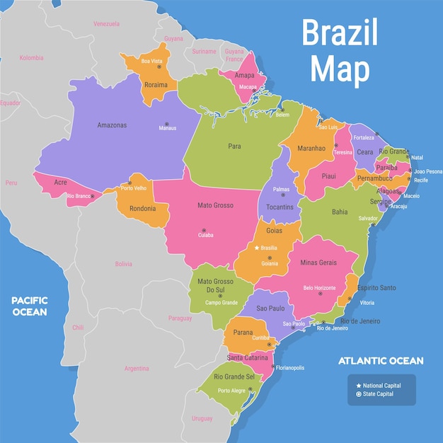 Vector a map of brazil with the name of the atlantic ocean.