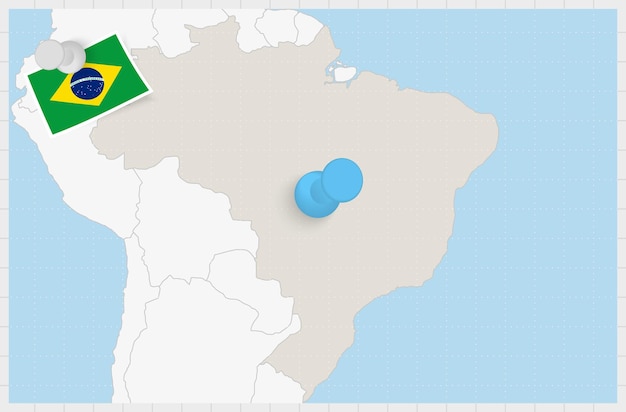 Map of Brazil with a pinned blue pin Pinned flag of Brazil