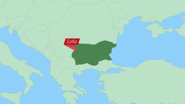 Map of Bulgaria with pin of country capital