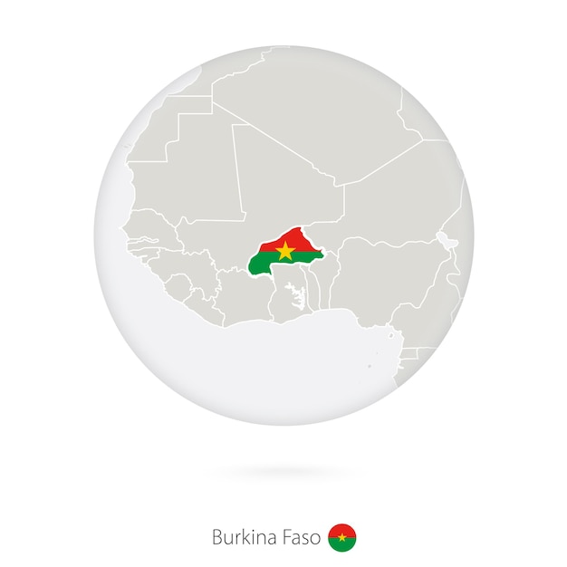 Map of Burkina Faso and national flag in a circle Burkina Faso map contour with flag Vector Illustration