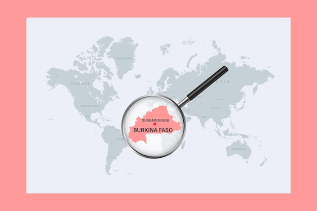 Map of Burkina Faso political world map with magnifying glass