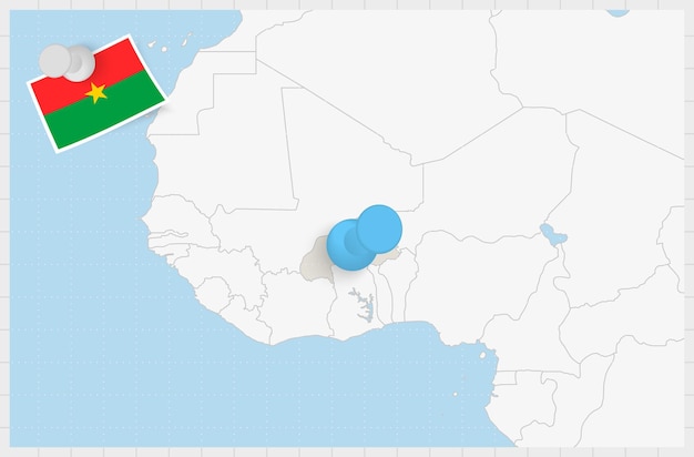 Map of Burkina Faso with a pinned blue pin Pinned flag of Burkina Faso