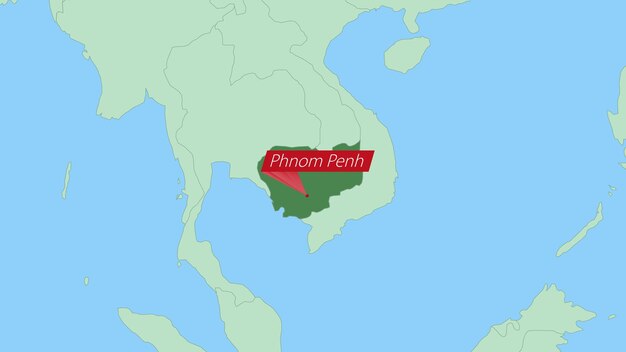 Map of Cambodia with pin of country capital