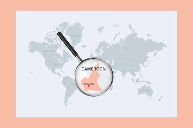 Mappa della mappa del mondo politico del camerun con lente d'ingrandimento