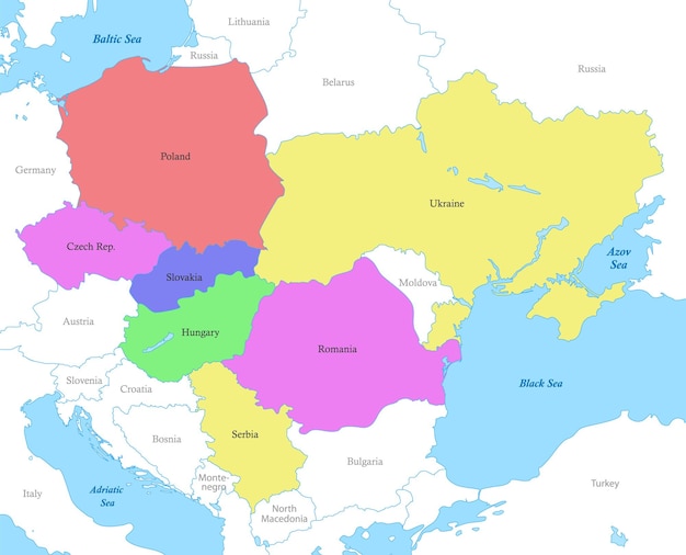 Map of carpathian states with borders of the countries