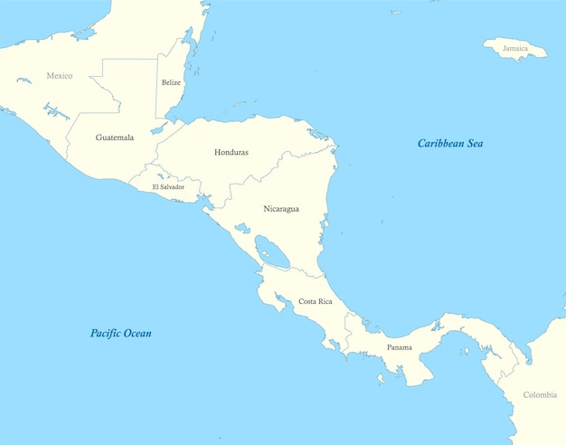 Map of central america with borders of the states