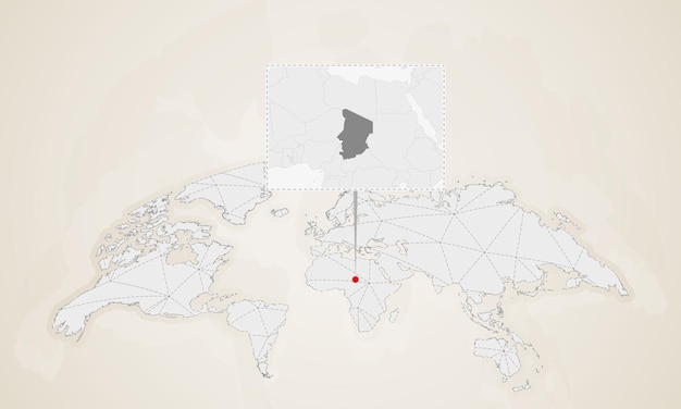 世界地図にピン留めされた近隣諸国とチャドの地図