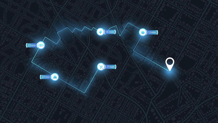 Vector map city with gps pins direction markers for navigation street road park river on plan town