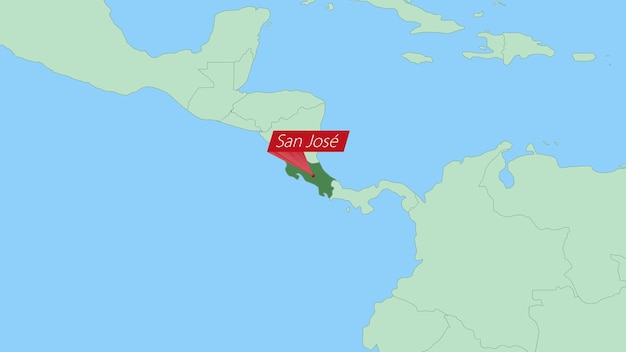 Map of Costa Rica with pin of country capital