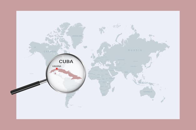 Map of Cuba on political world map with magnifying glass