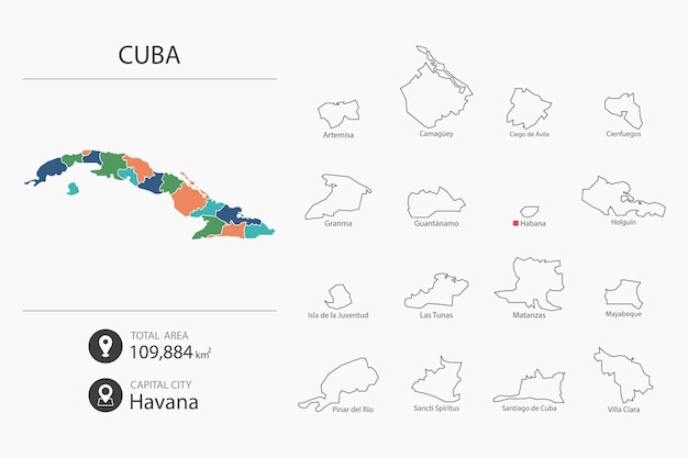 자세한 국가 지도가 있는 쿠바 지도 도시 총 면적 및 수도의 지도 요소