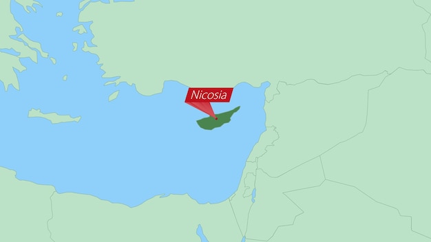 Map of Cyprus with pin of country capital