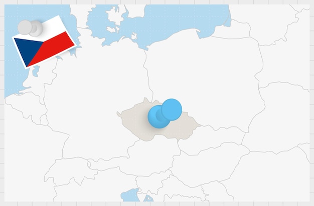 青いピンで固定されたチェコ共和国の地図 チェコ共和国の固定された国旗