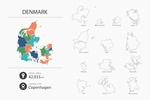 Mappa della danimarca con mappa dettagliata del paese elementi della mappa delle aree totali e della capitale delle città