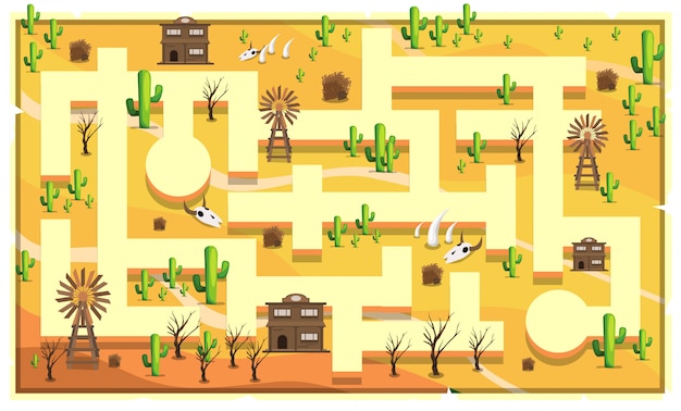 Vettore tracci il salone del deserto con il percorso e il cactus, la costruzione d'annata, le ossa degli animali e il mulino a vento per l'illustrazione del platform di gioco 2d