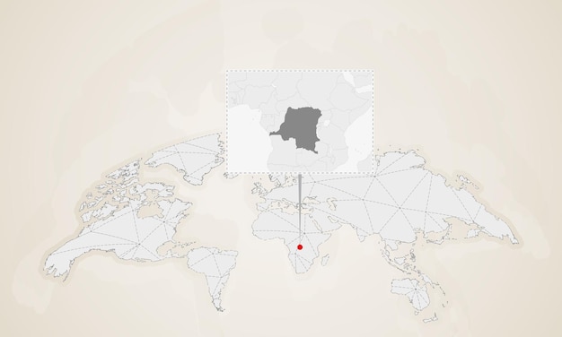 コンゴ民主共和国の地図と近隣諸国が世界地図にピン留めされている