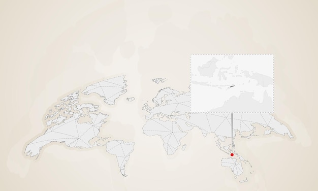 Mappa di timor orientale con i paesi vicini appuntati sulla mappa del mondo