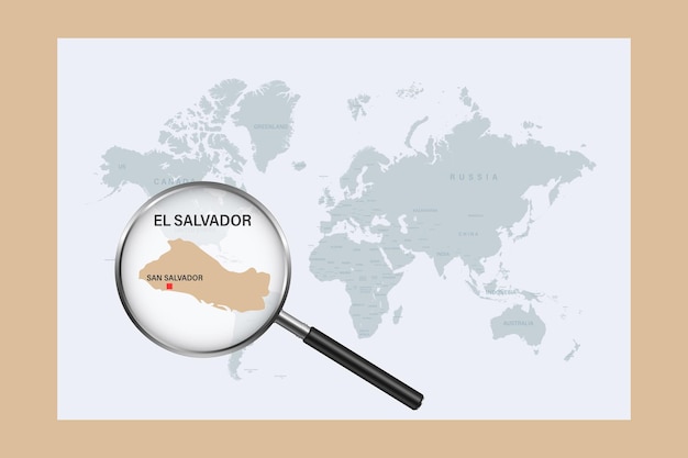 Map of El Salvador on political world map with magnifying glass