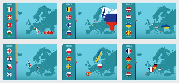 Vettore mappa dell'europa con mappe segnate dei paesi partecipanti al torneo di calcio europeo 2020