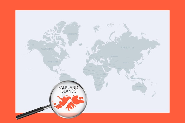 Map of Falkland Islands on political world map with magnifying glass