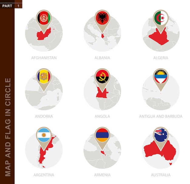 Mappa e bandiera in un cerchio di 9 paesi.
