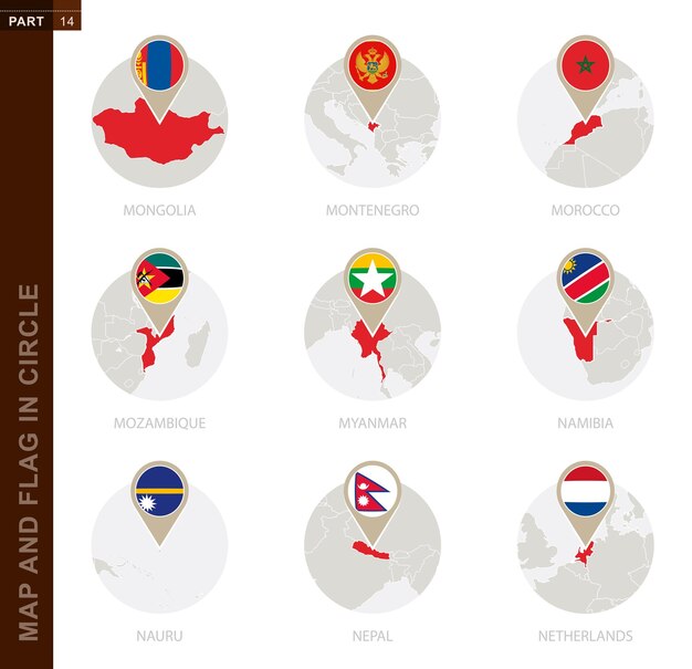 Mappa e bandiera in un cerchio di 9 paesi