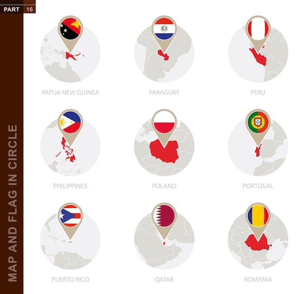 9 か国の地図と国旗