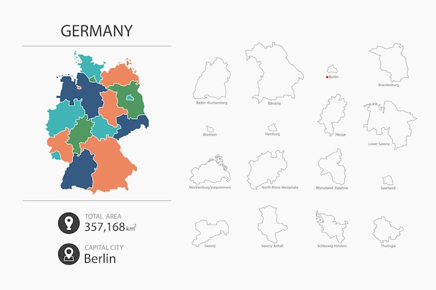 상세한 국가 지도가 있는 독일 지도 도시 총 면적 및 자본의 지도 요소
