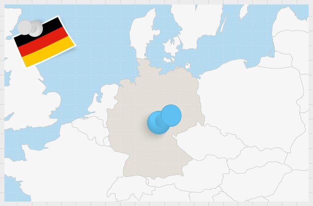 Vettore mappa della germania con una spilla blu appuntata bandiera appuntata della germania