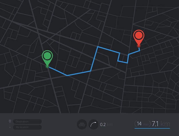 Mappa di navigazione gps mappa stradale della città con perni percorso dashboard app navigatore percorso