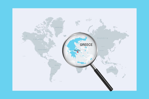 돋보기와 정치 세계 지도에 그리스의 지도